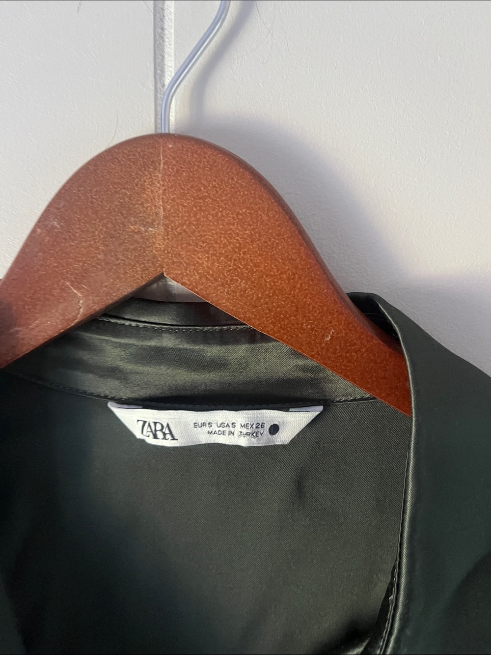 Zara Olive Satin Ruched Button-Front Shirt - Picture 5 of 13